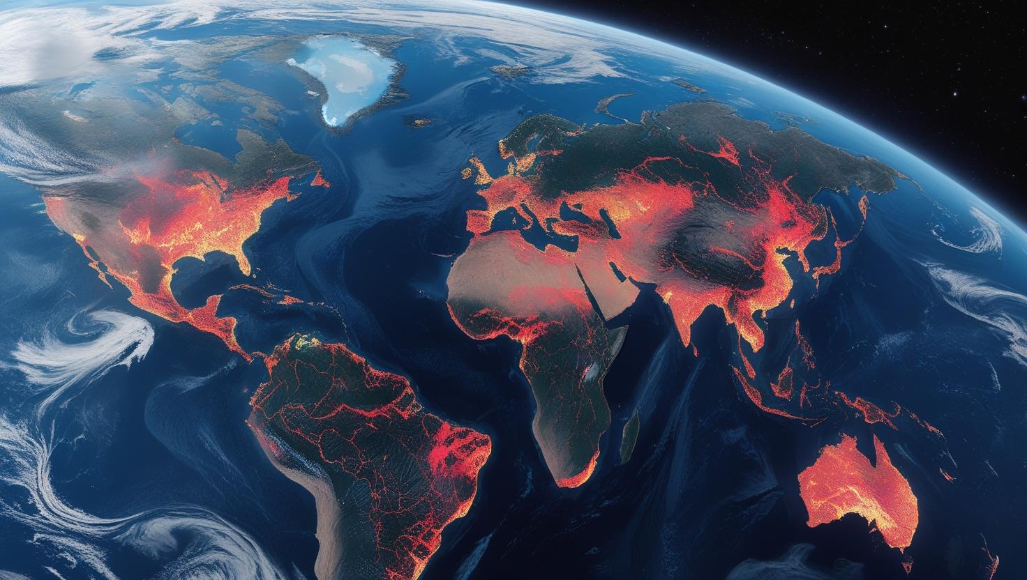 Ziemia widziana z kosmosu, z wyraźnymi śladami dymu_pożarów lub mapą termiczną planety