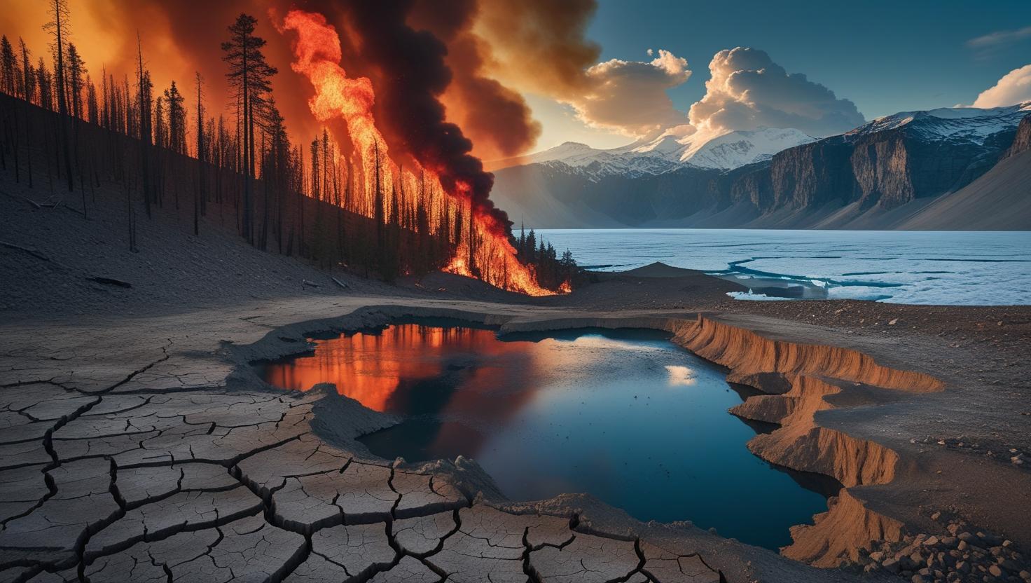 pożar lasu, ekstremalne zjawisko pogodowe, wyschnięte jezioro lub topniejąca pokrywa lodowa