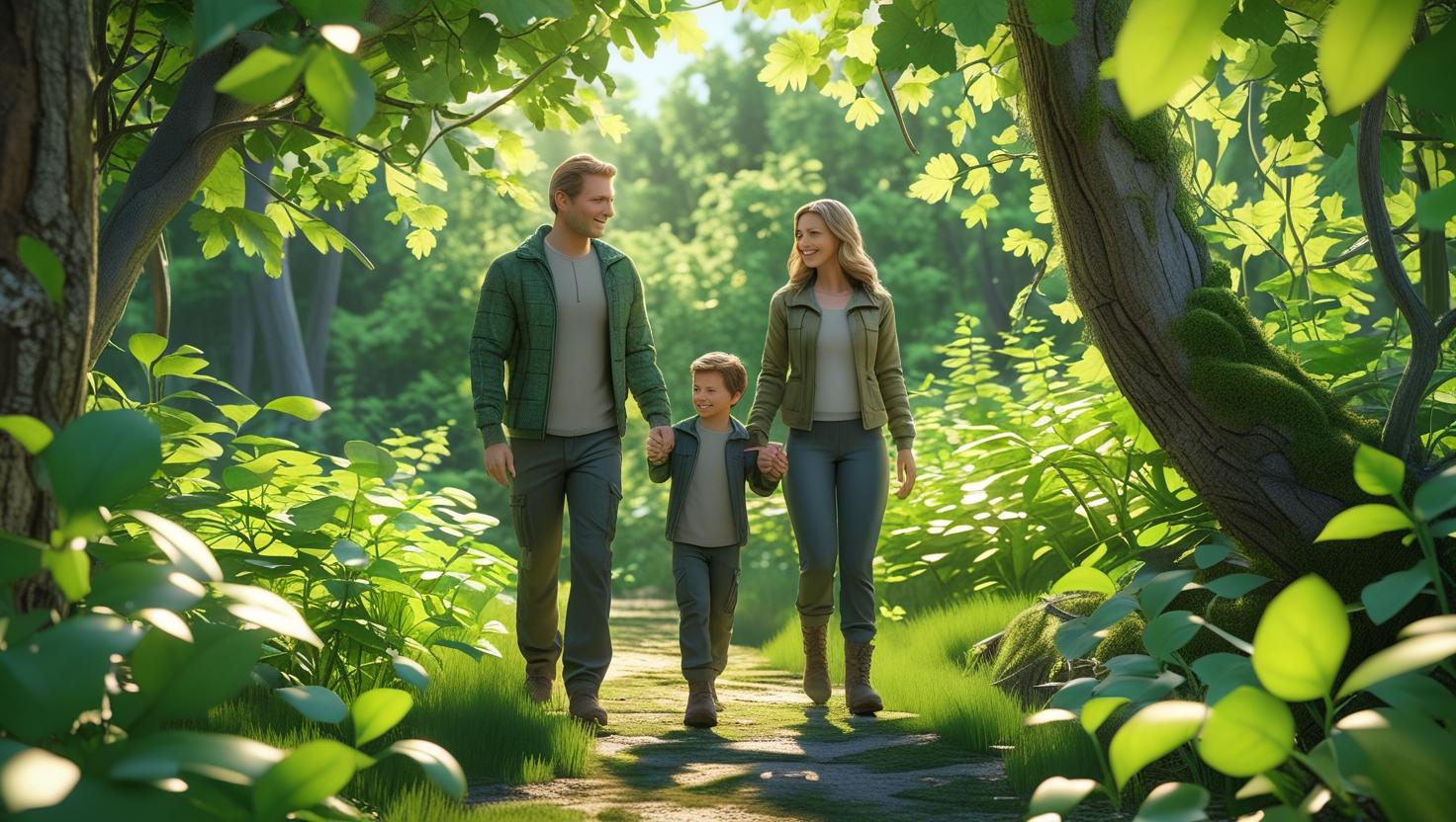 rodzina spacerująca po lesie, zieleń i przyroda w czystym stanie